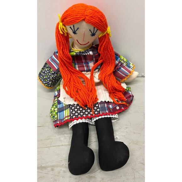 Handmade 22" Cloth Doll Long Red Hair In Pig Tales Calico Dress White Bloomemers - Picture 3 of 9